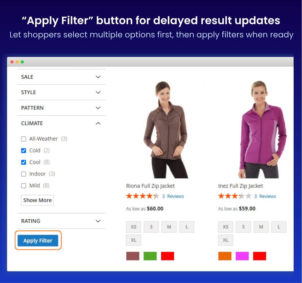 "Apply filter" button for delayed result updates