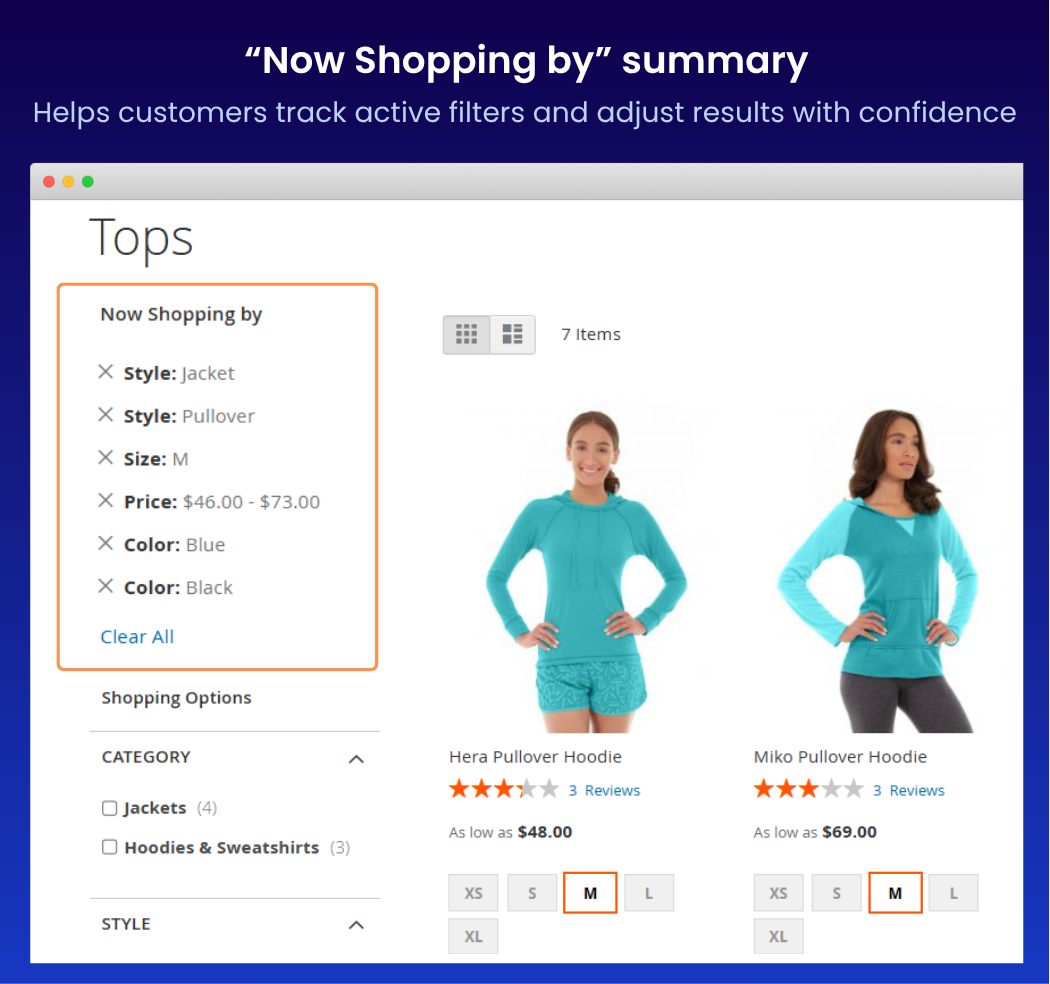 "Now Shopping by" summary